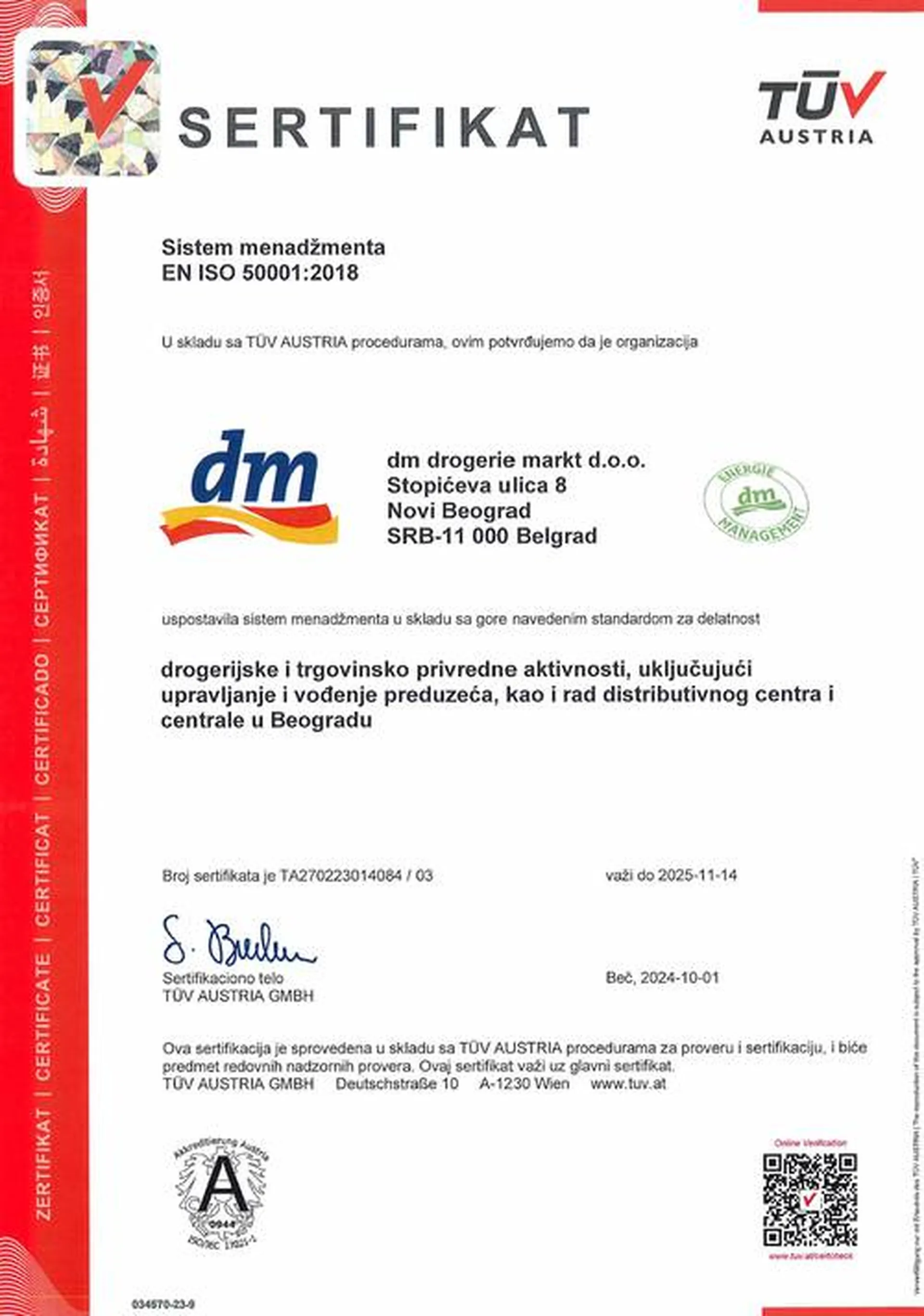 dm dobitnik prestižnog ISO 50001:2018 sertifikata